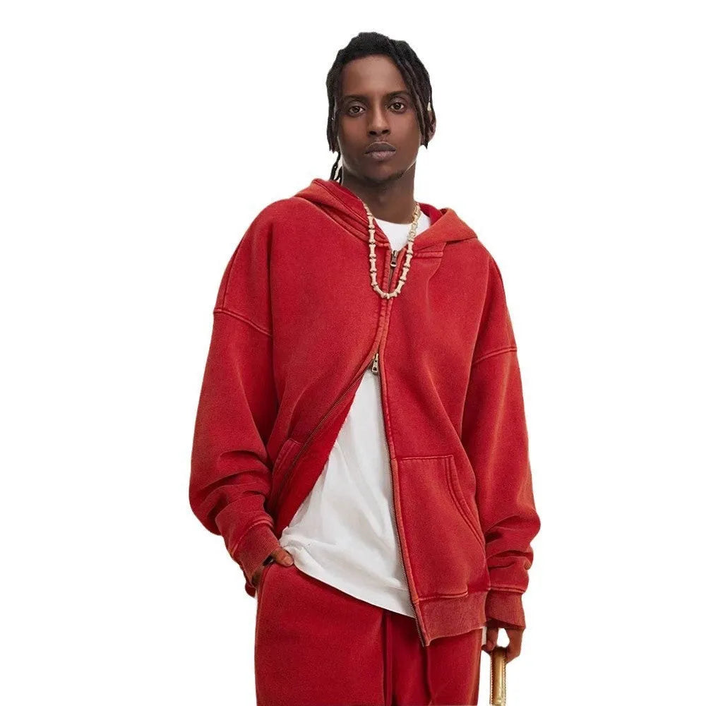 Men's vintage fleece-lined hooded cardigan with a double zipper front in a washed colour.