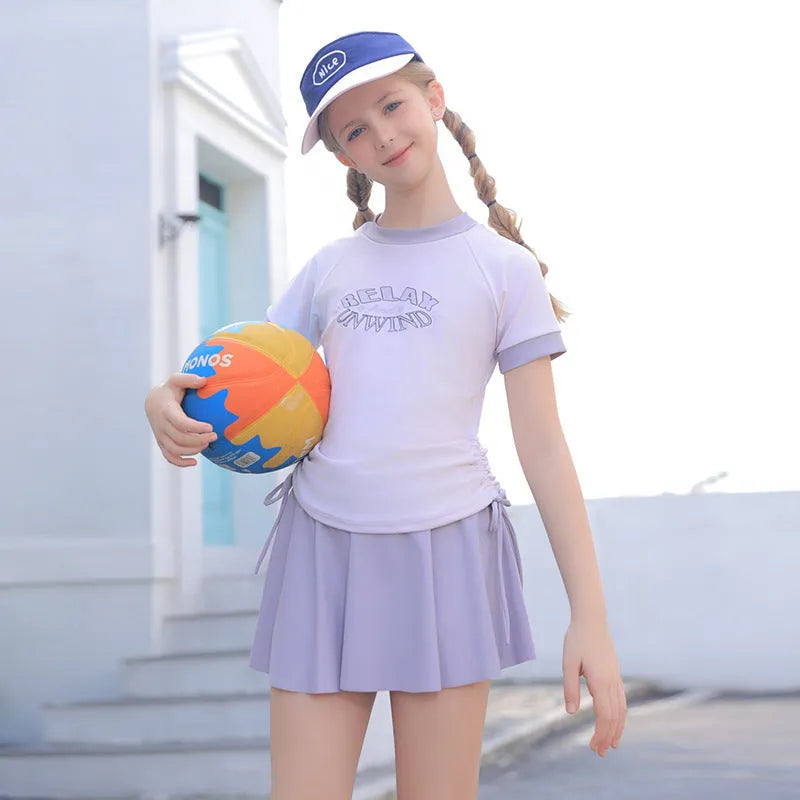 Children's high waist split swimsuit with skirt in pink polyester for swimming and wading