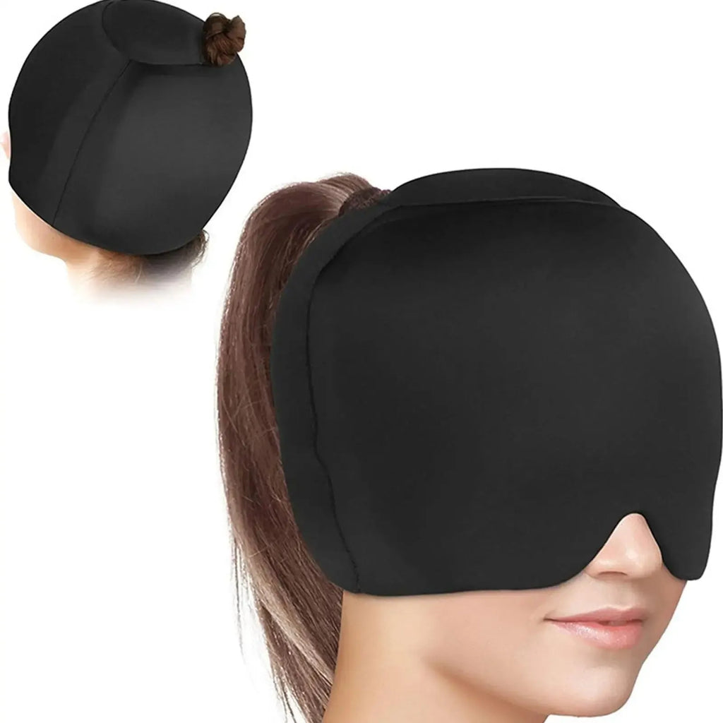 Simple solid colour cold compress cap in black, shown fully enclosed for head cooling therapy.