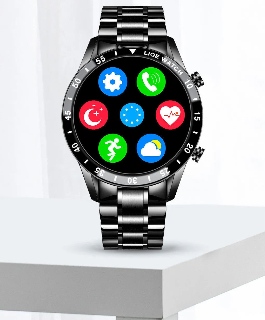 Smart watch with stainless steel band and 1.3 inch touch screen showing fitness tracking display