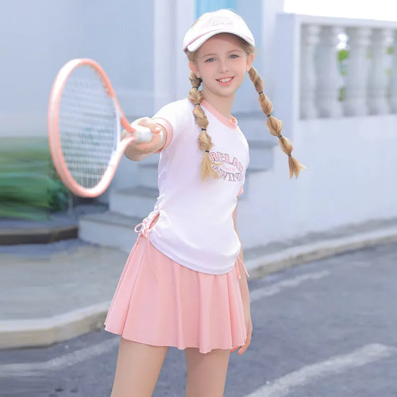 Children's high waist split swimsuit with skirt in pink polyester for swimming and wading