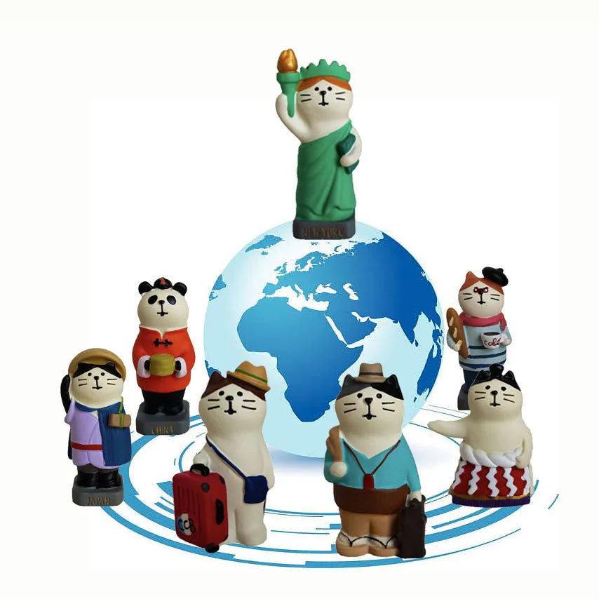 Cartoon cat resin figurine with Statue of Liberty travel theme on display