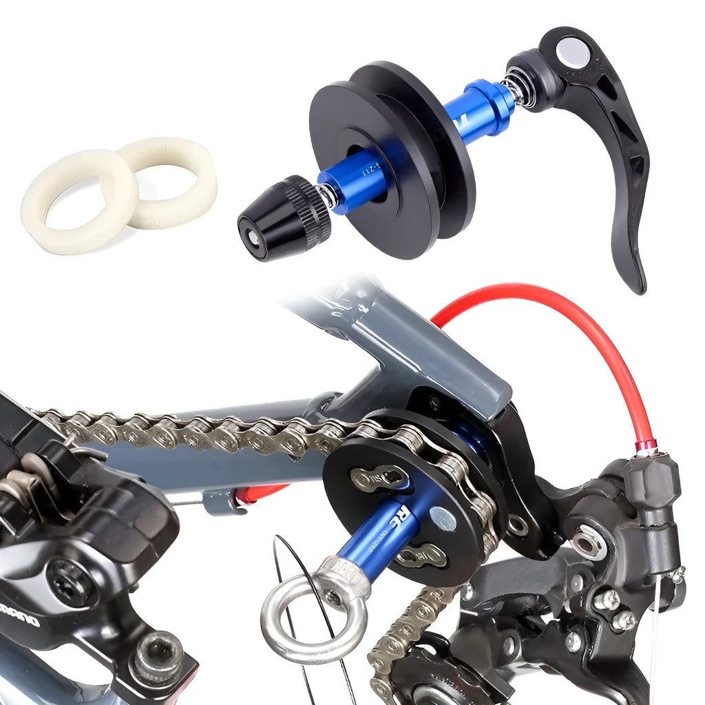 Aluminium bicycle chain holder tool showing three version options: barrel shaft, basic, and quick release.
