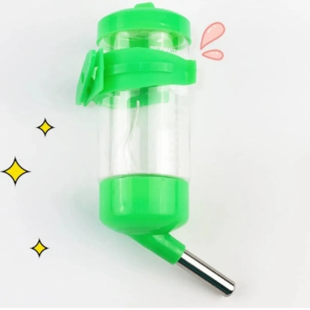 Green plastic ball kettle leak-proof water feeder for small pets attached to a cage, showing the drinking tube.