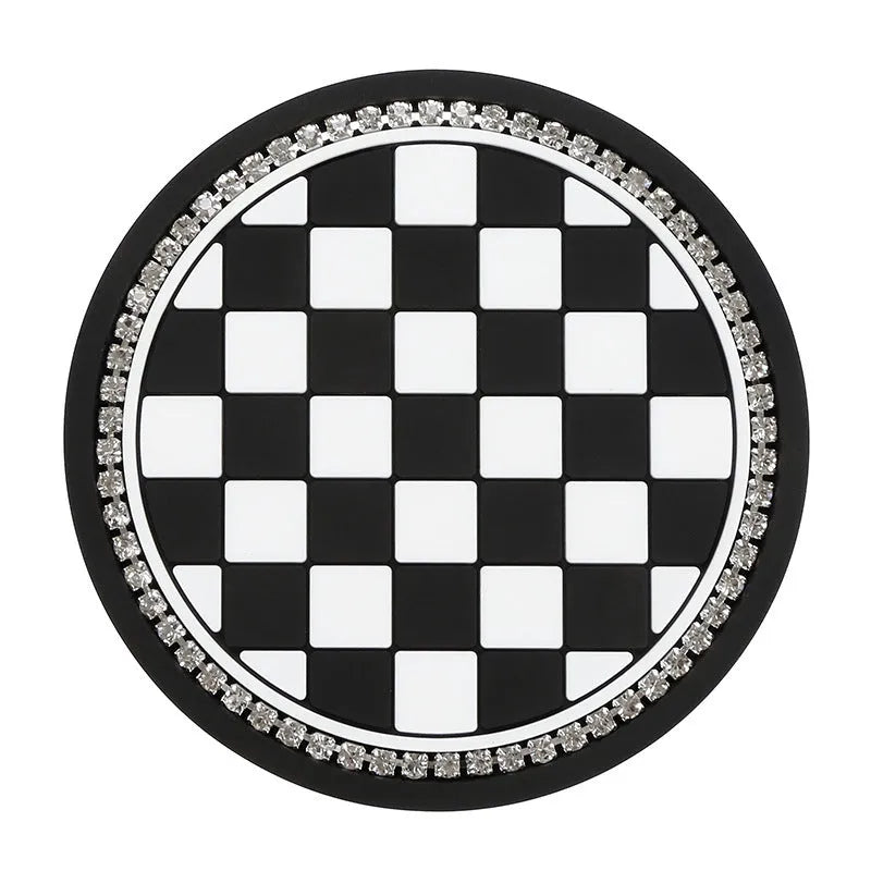 PVC universal non-slip car cup holder coaster mat in a checkerboard pattern.
