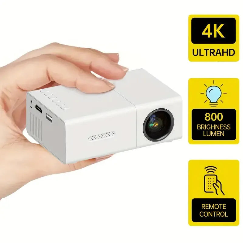 M100 mini LED projector in black or white with remote control showing 100-inch projection capability