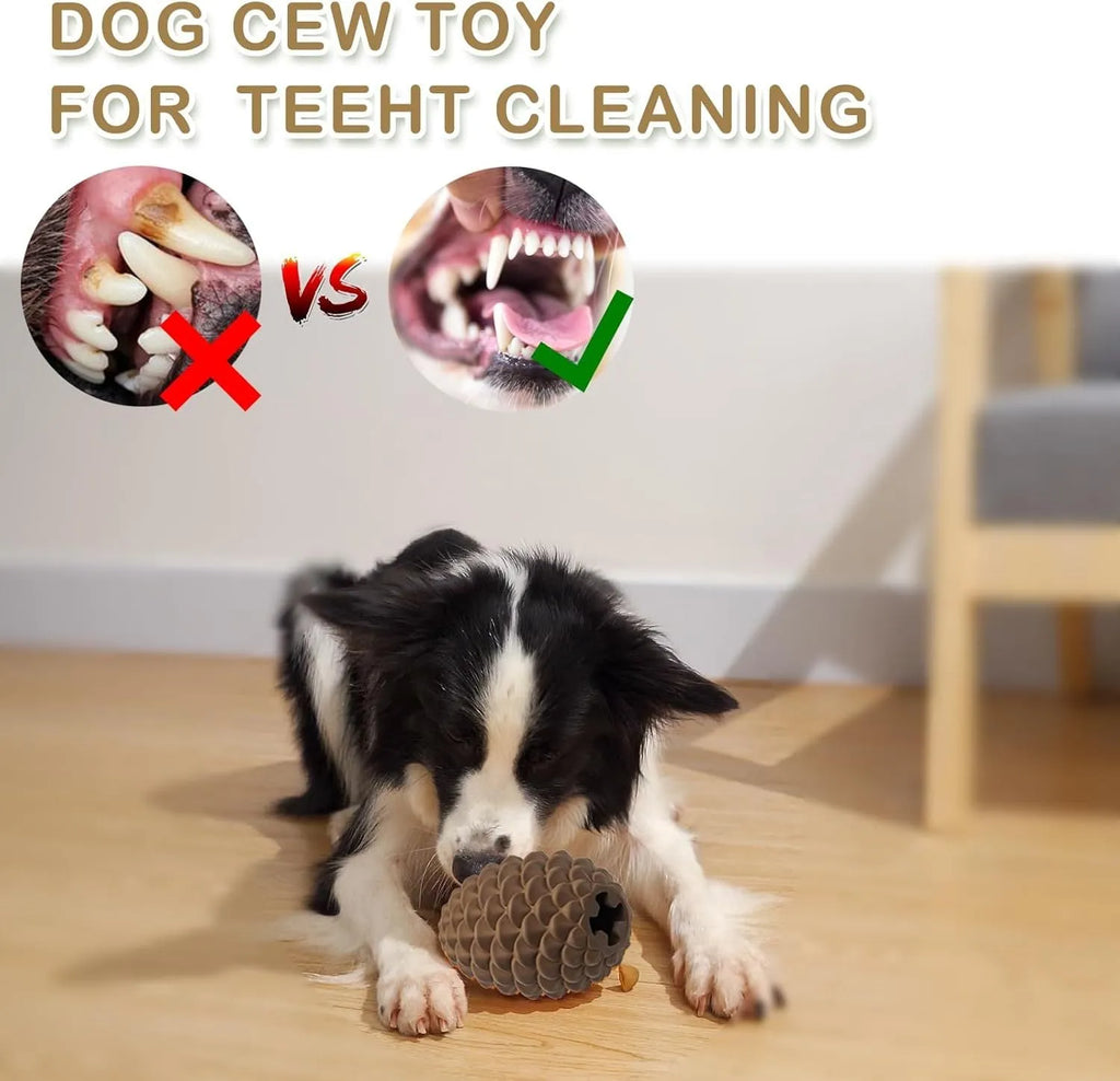 Yellow pine cone shaped natural rubber dog toy with textured surfaces and treat dispenser