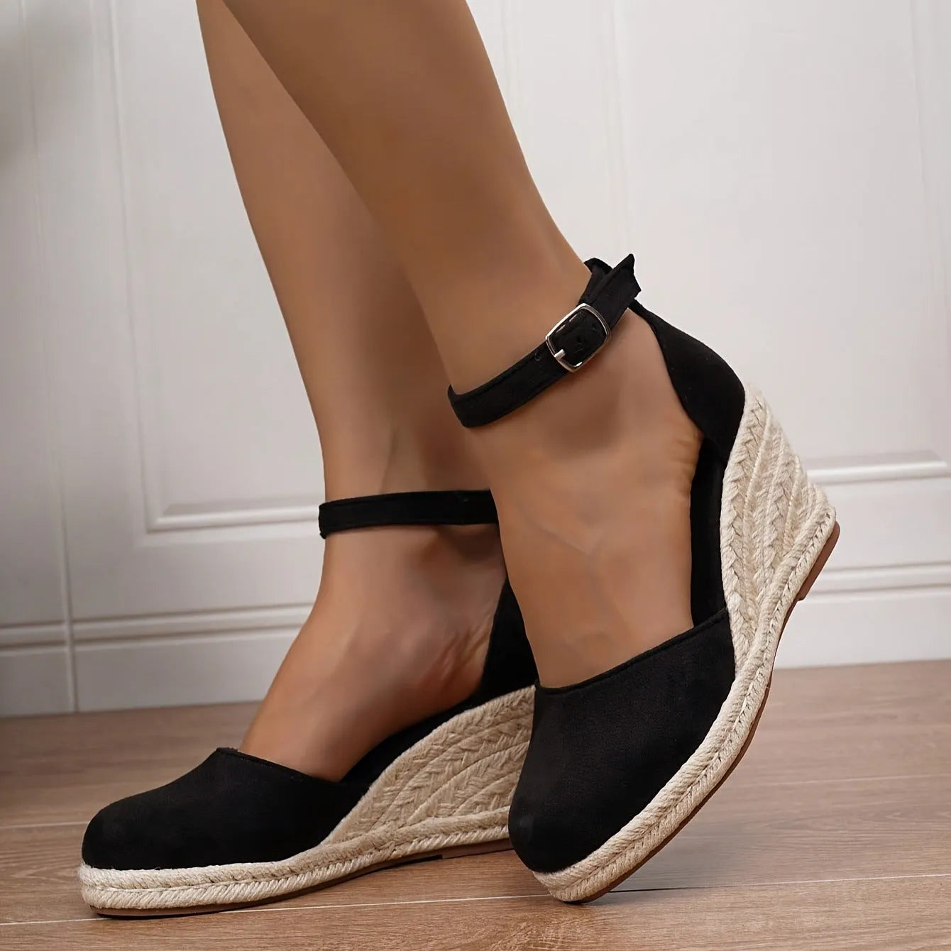 Women's suede wedge sandals in apricot with buckle closure and round toe, Roman style