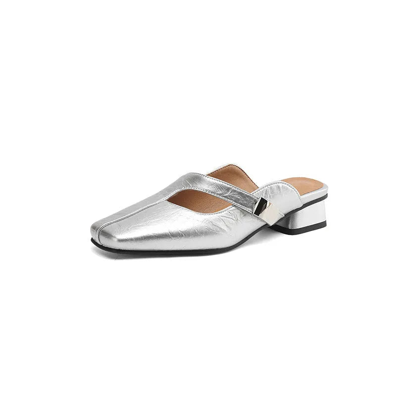 Low heel square toe outdoor slippers in black, beige, or silver with rubber sole