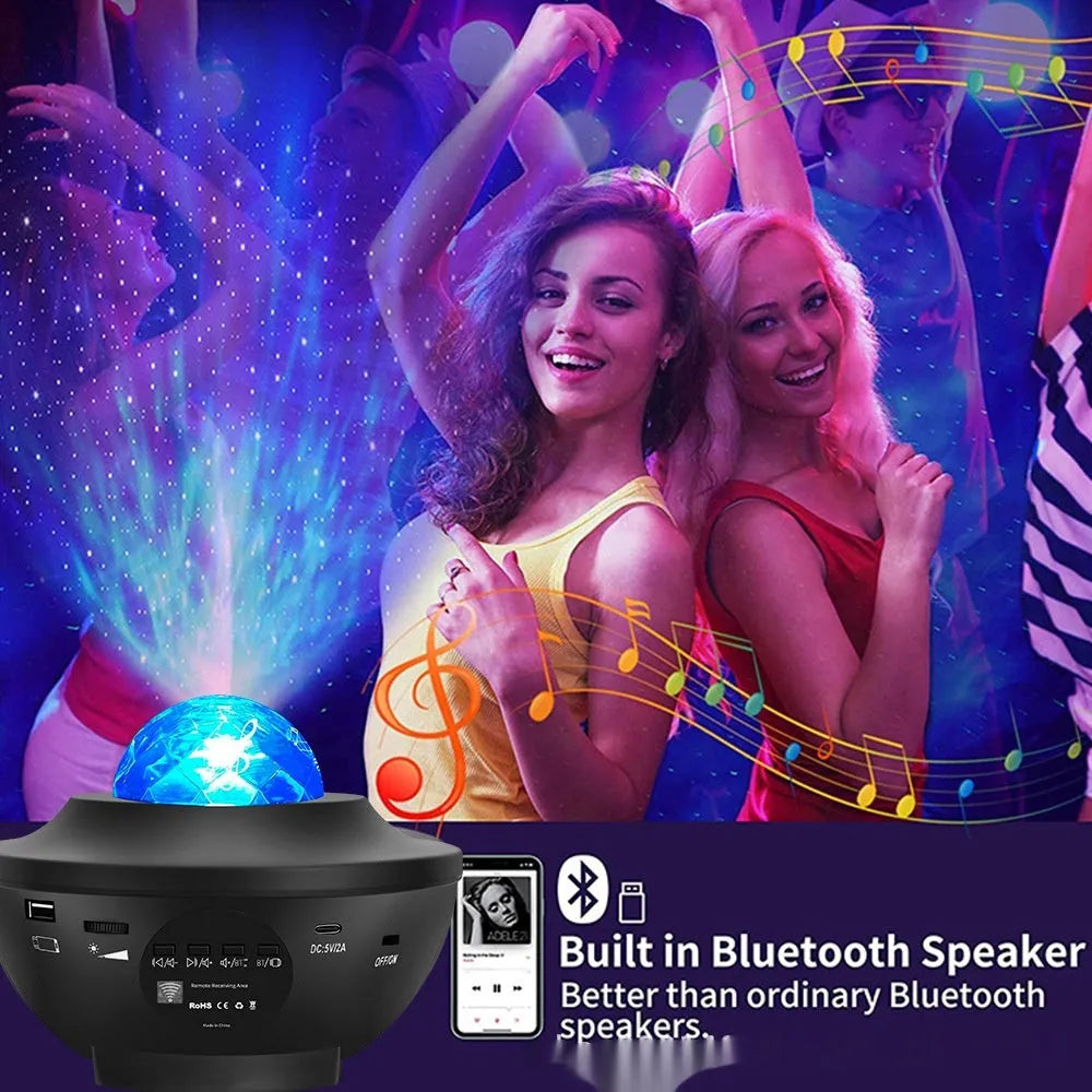 Black parallel style starry sky projection lamp with Bluetooth and rotating water ripple effects