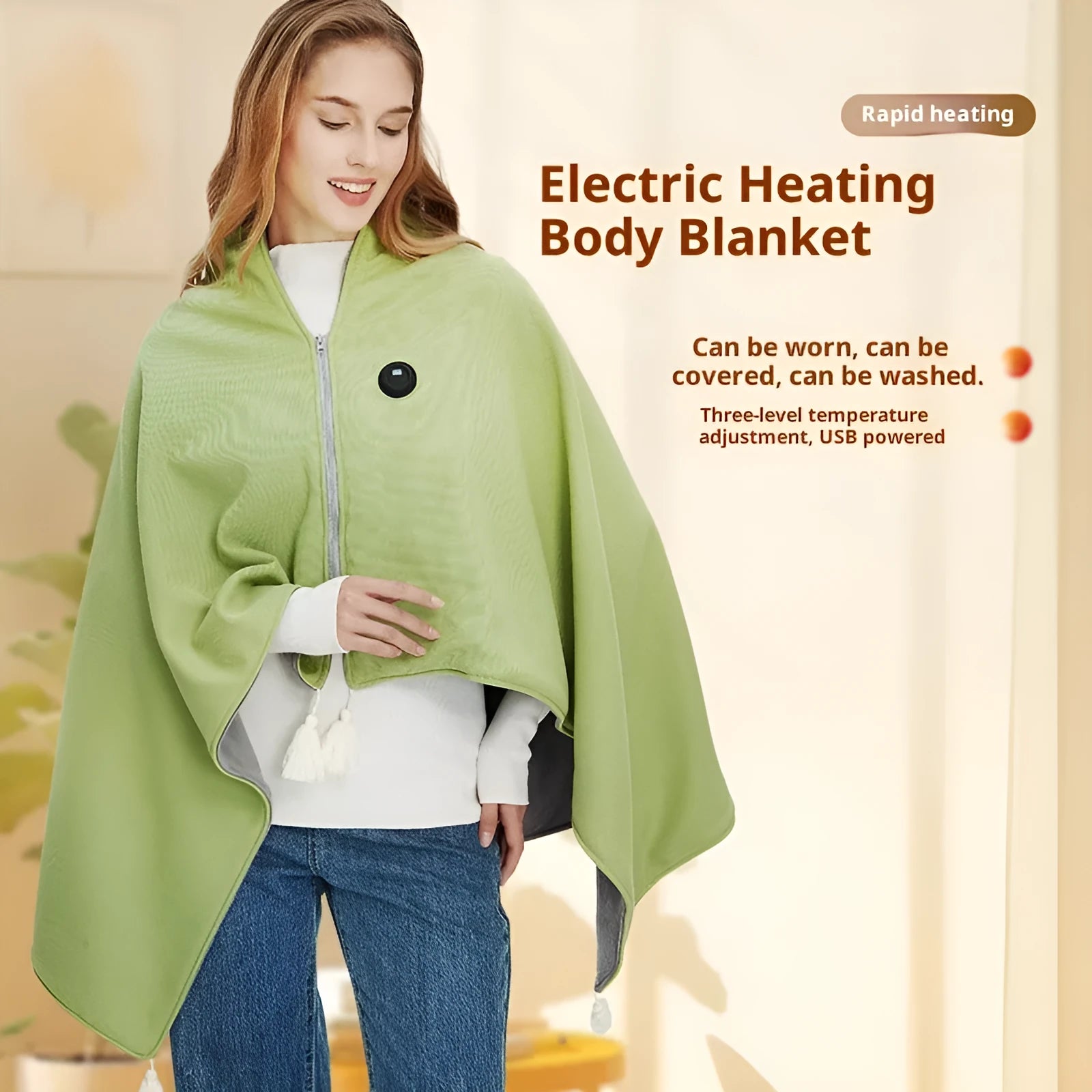 Solid-colour polyester shawl warm blanket with mobile power bank in green, red, and beige colour options