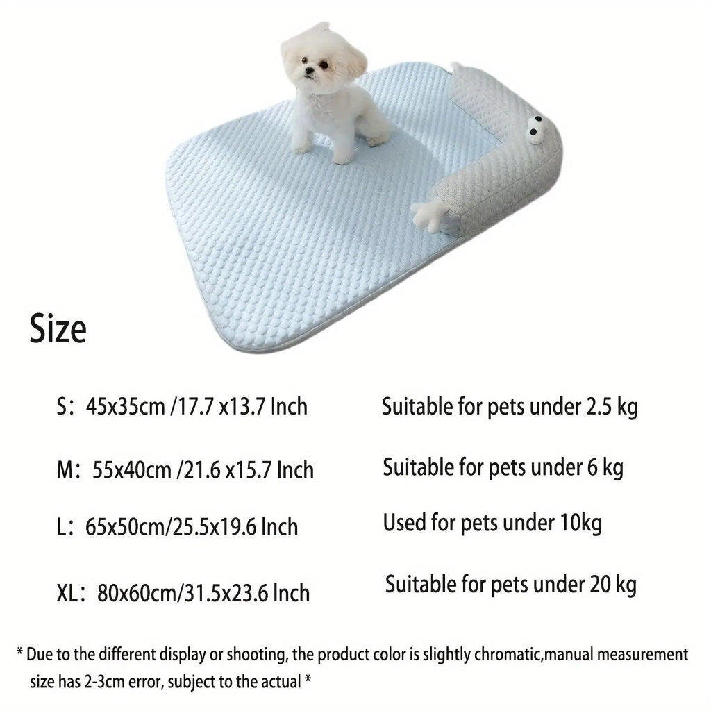 Blue big-eyed monster design pet bed for dogs and cats on a wooden floor.