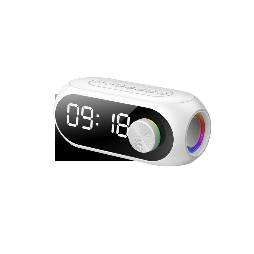 Portable USB clock speaker with digital display showing time, extra bass feature and Bluetooth/FM radio functions