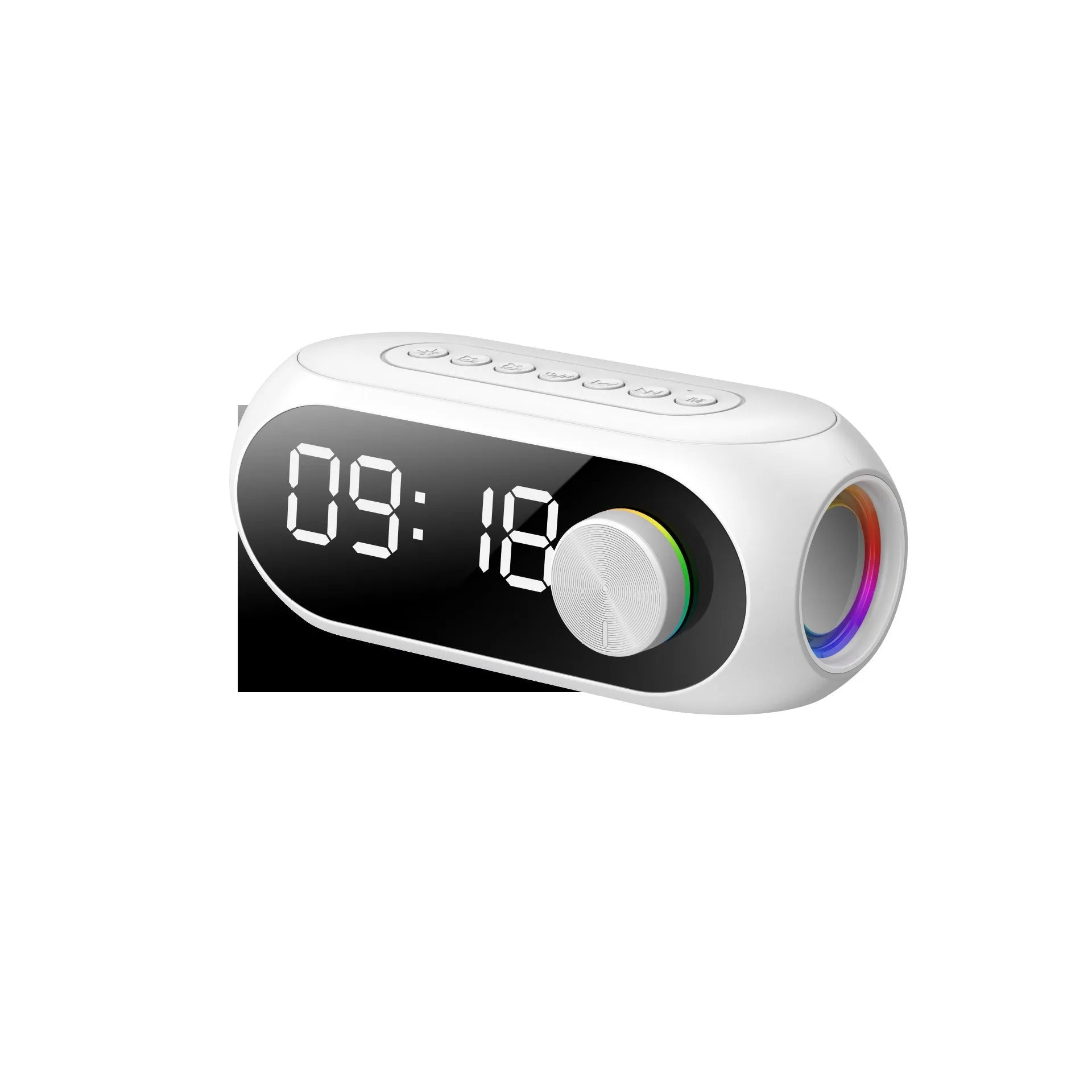 Portable USB clock speaker with digital display showing time, extra bass feature and Bluetooth/FM radio functions