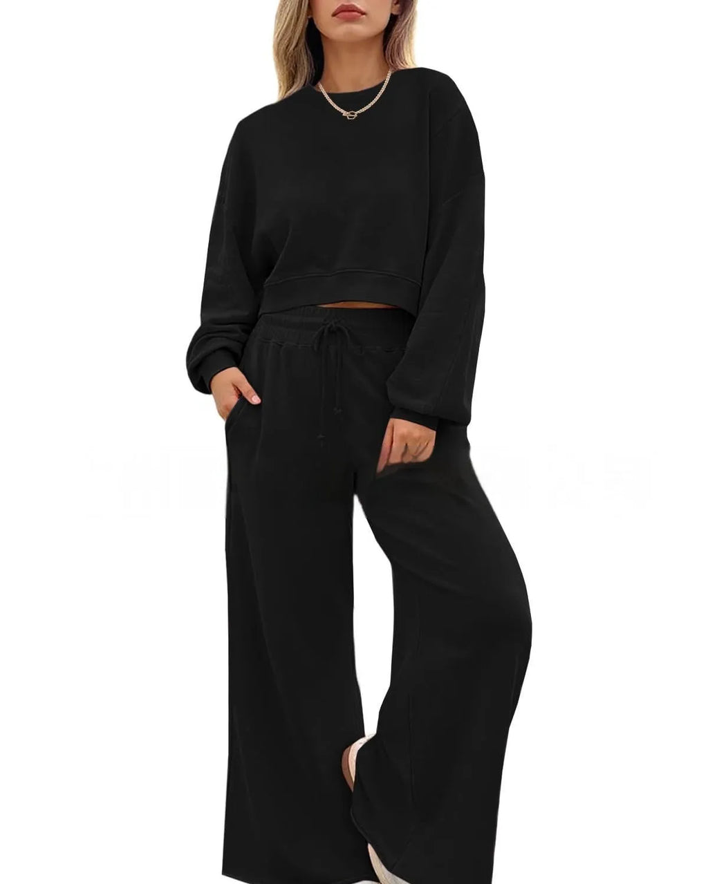 Women's solid colour polyester trousers two-piece set showing long sleeves top and matching trousers