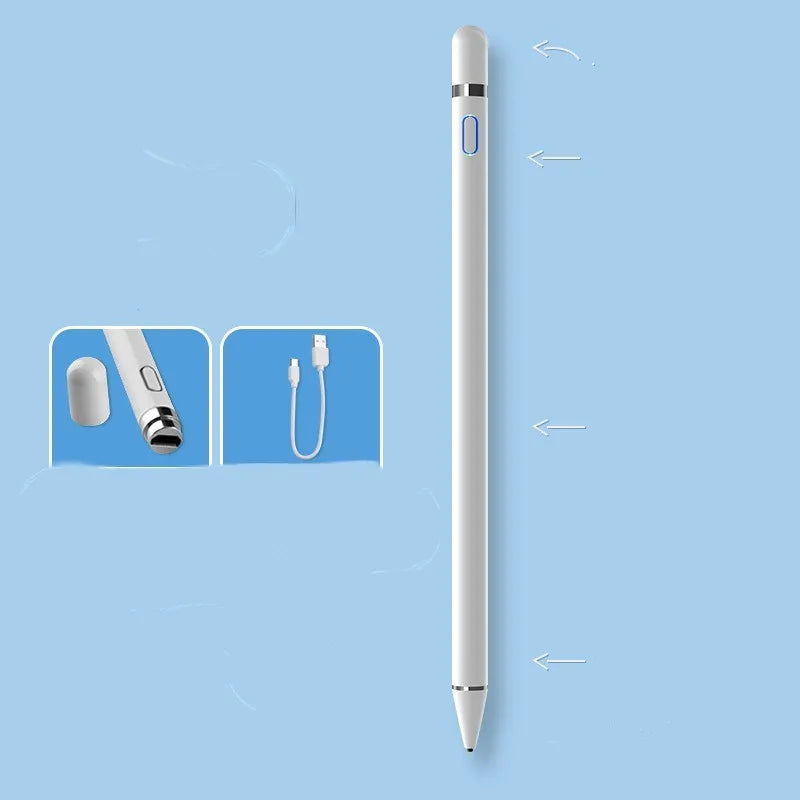 Black magnetic rechargeable stylus pen attached to the side of an iPad tablet.
