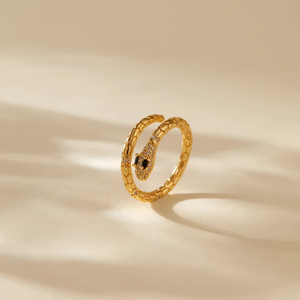 Snake-shaped adjustable index finger ring with gold plating and open mouth design