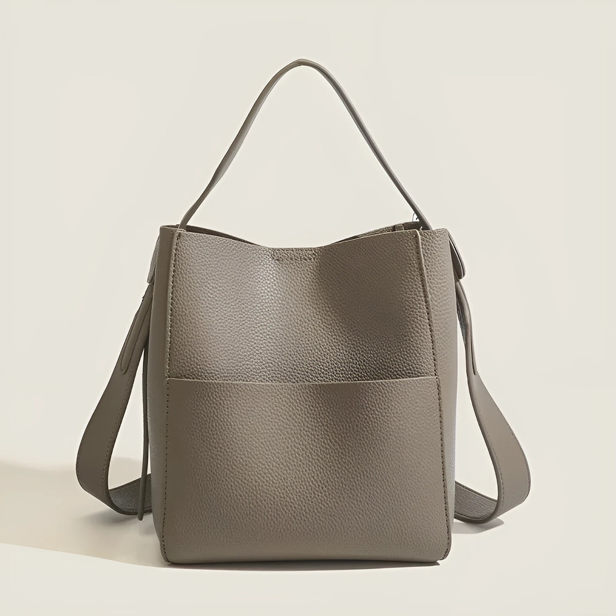 Soft PU bucket messenger bag in elephant gray with sewing line detailing and single shoulder strap