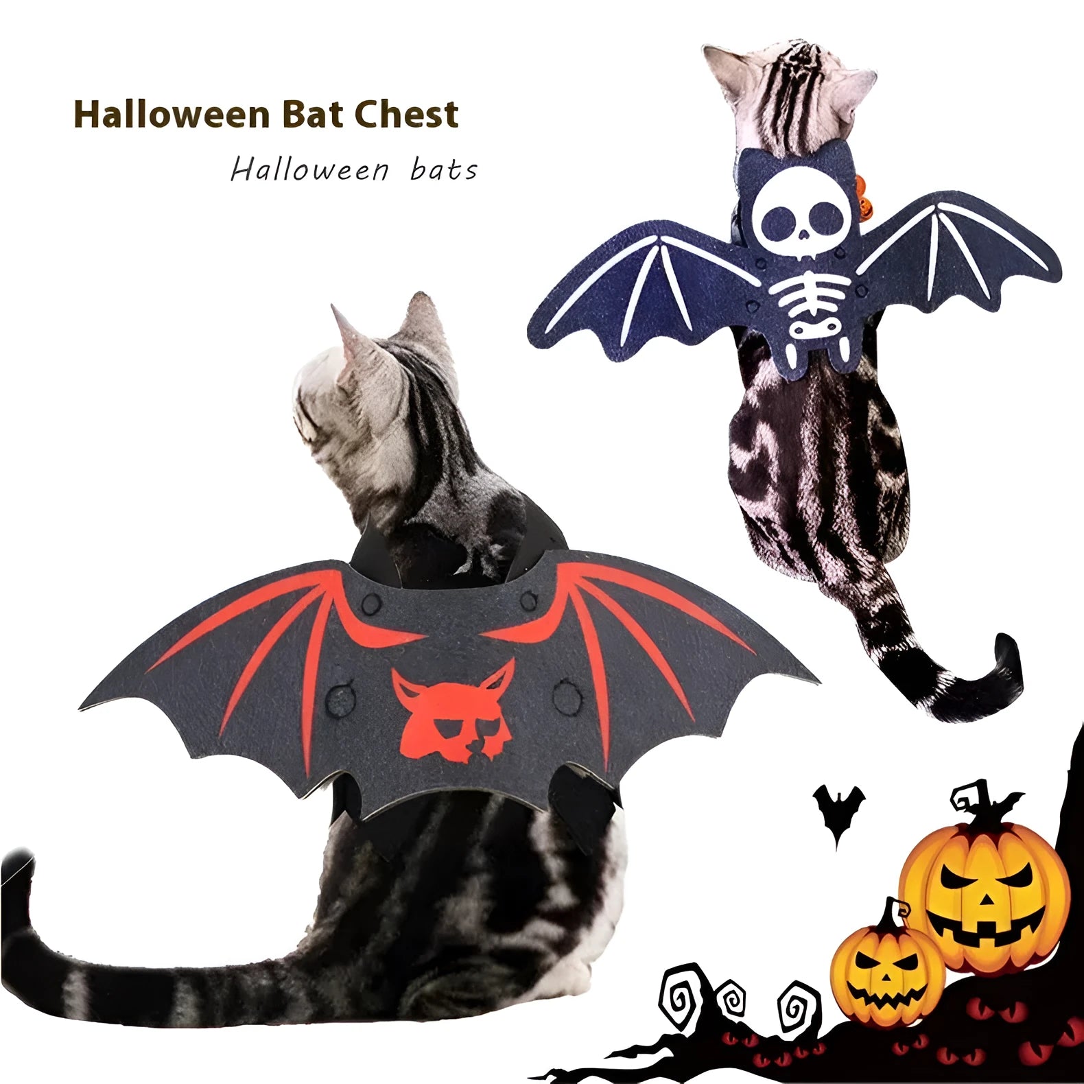 Halloween costume for cats featuring bat wings, made from felt, shown in various colours.