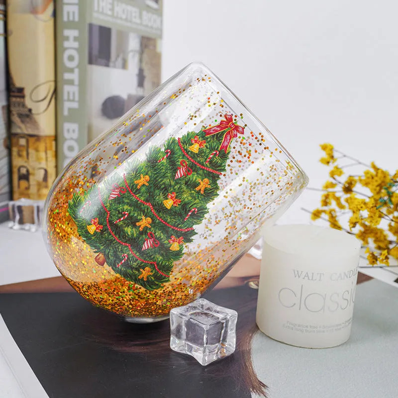 Christmas tree glass tumbler, 380ml double-layer borosilicate glass cup with flowing sequins, 8.6cm x 11.8cm