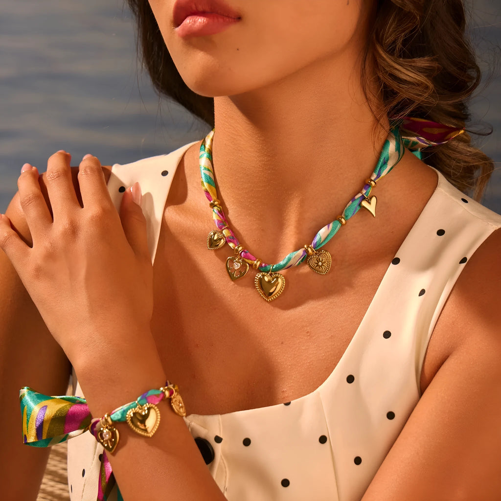 Women's stainless steel 18K gold plated geometric pendant necklace and bracelet set with adjustable 41-50cm circumference