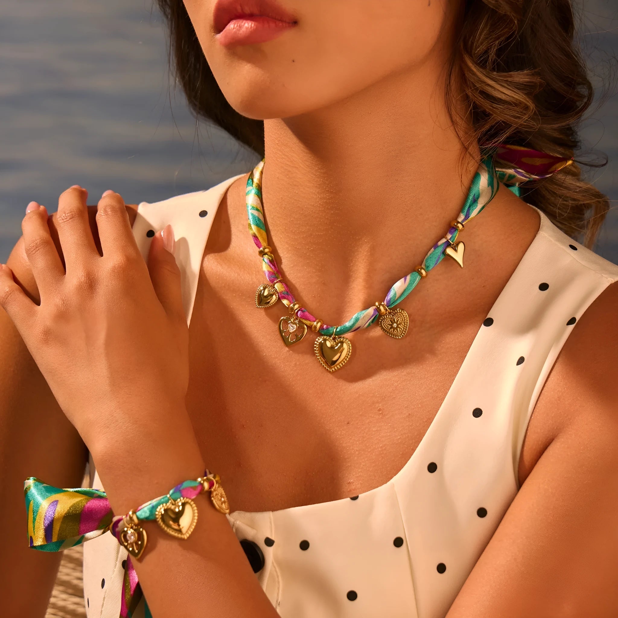 Women's stainless steel 18K gold plated geometric pendant necklace and bracelet set with adjustable 41-50cm circumference
