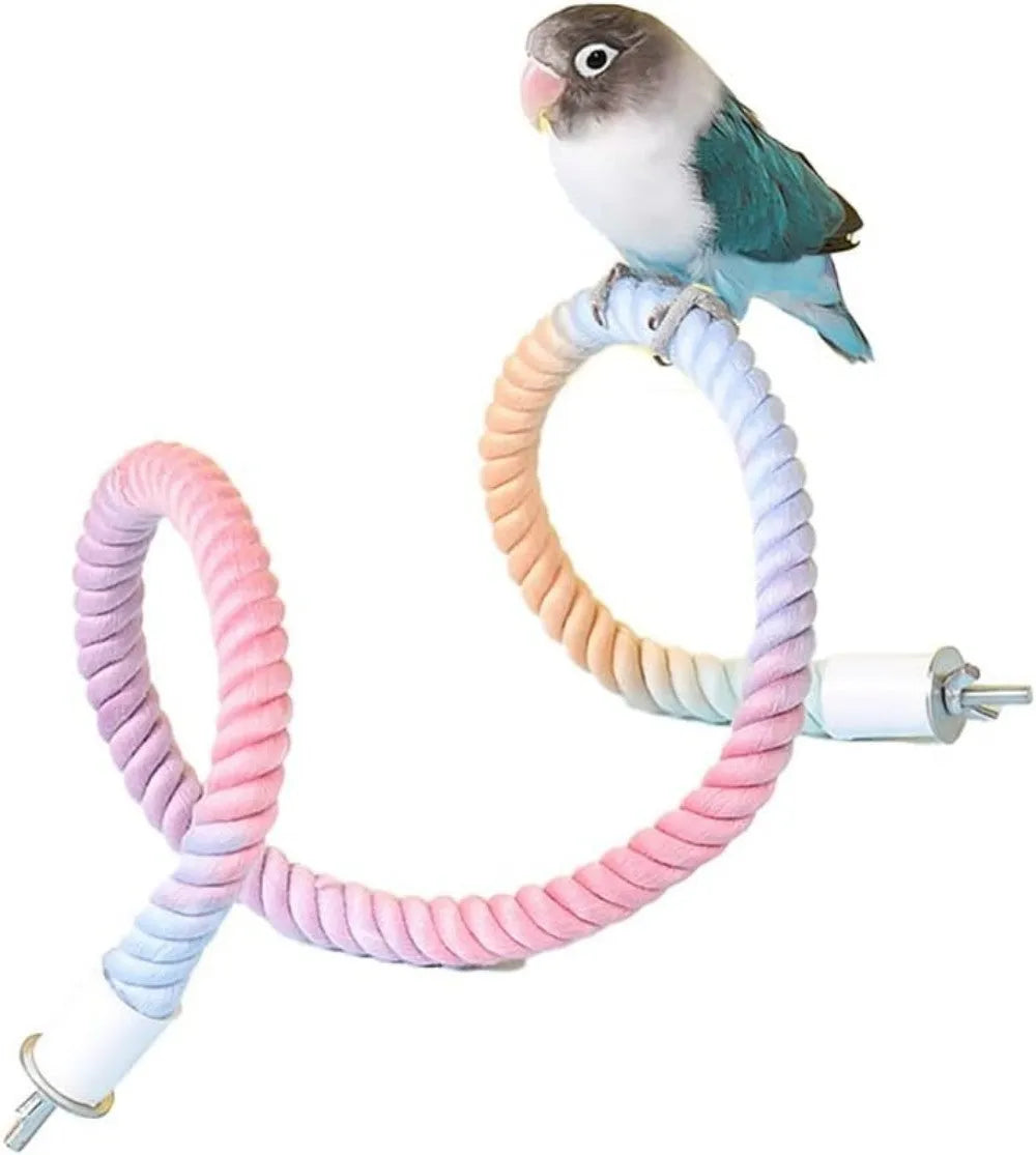 Gradient bendable bird rope perch set with U-shaped perch, long rope and circular swing in a birdcage