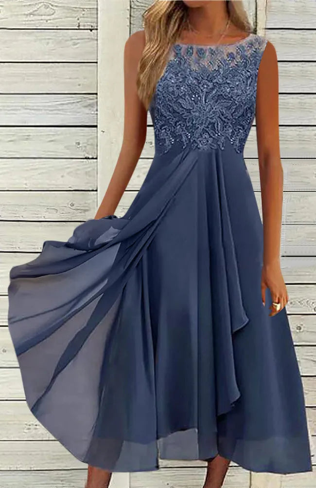 Women's sleeveless blue chiffon dress with hollow-out lace detail, mid-length princess style.