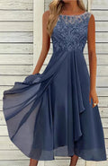 Women's sleeveless blue chiffon dress with hollow-out lace detail, mid-length princess style.