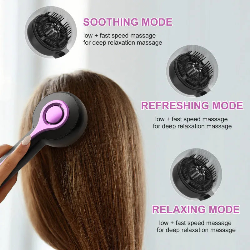 USB-powered head massage tingler with comb design in black, grey, or red, showing mechanical controls and two speed settings.