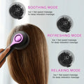 USB-powered head massage tingler with comb design in black, grey, or red, showing mechanical controls and two speed settings.