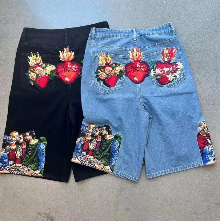 Blue men's tapered cotton shorts with a Jesus print design on the back pocket.