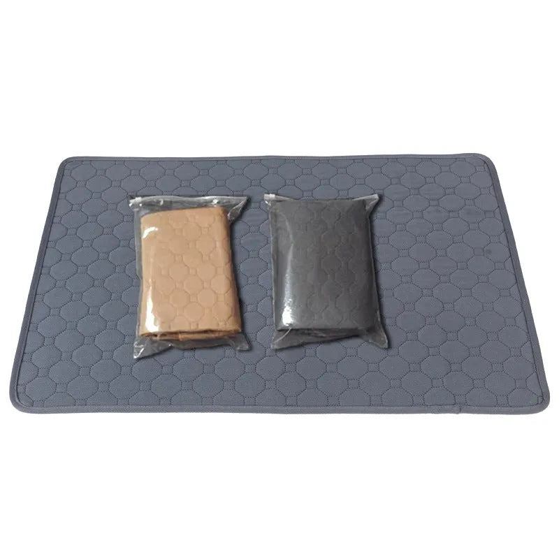 Pet Parents washable dog pee pads in grey and khaki colours, measuring 18x24 inches.
