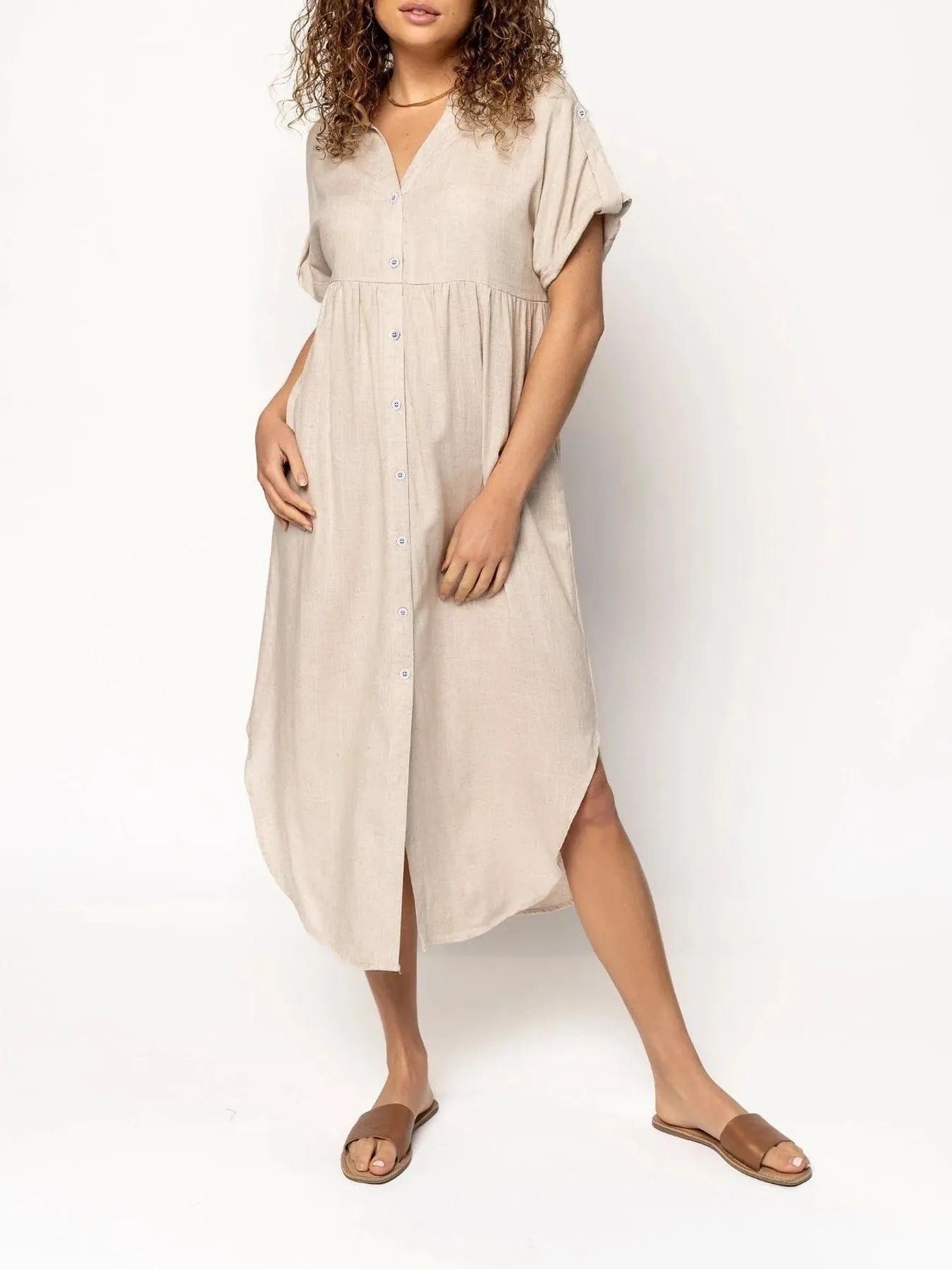 Casual button-front mid-length dress in loose fit available in multiple solid colours