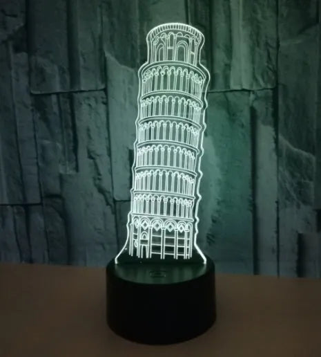 3D Leaning Tower of Pisa nightlight with layered acrylic design and LED illumination