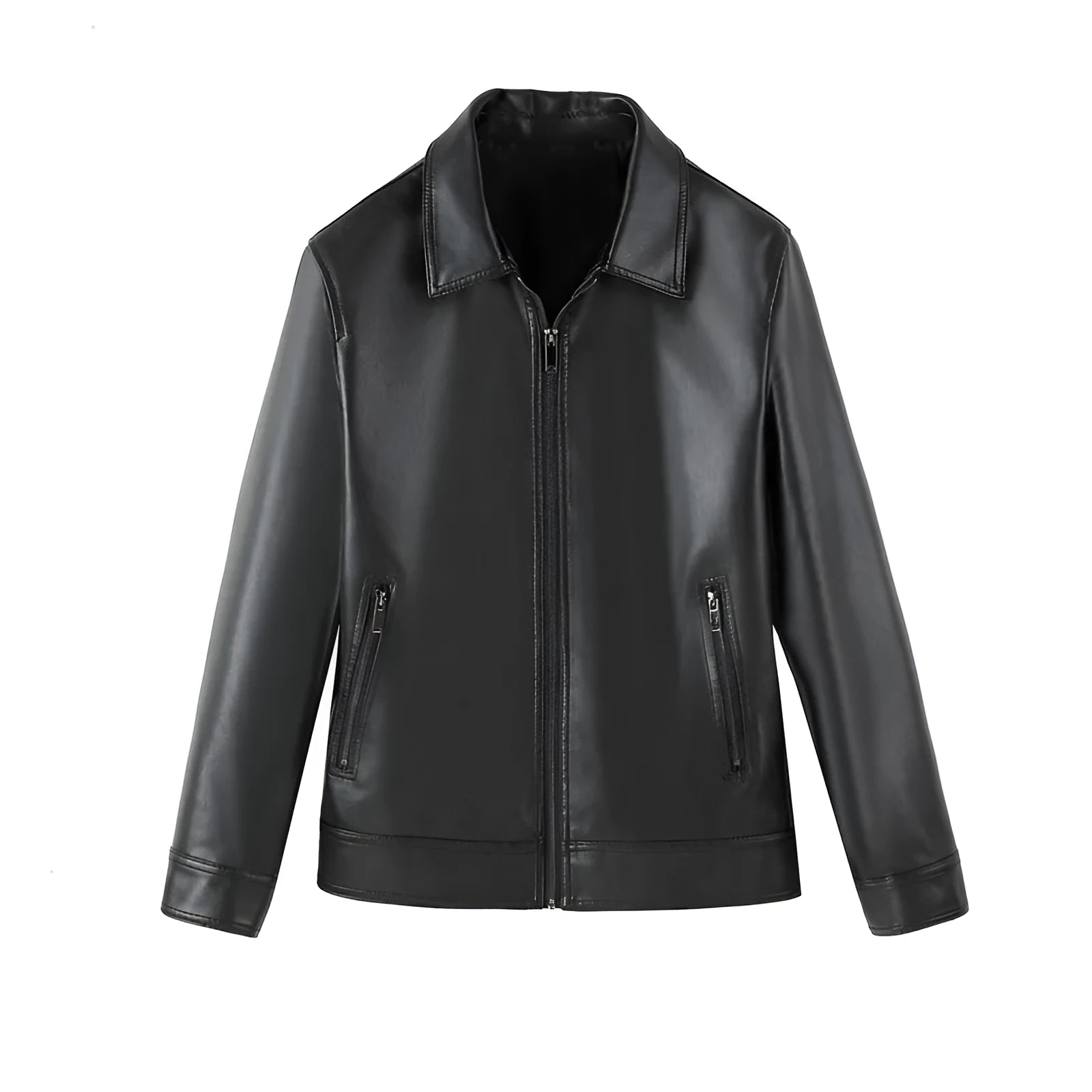 Men's black PU leather casual jacket with zip-up front and zipper pockets.
