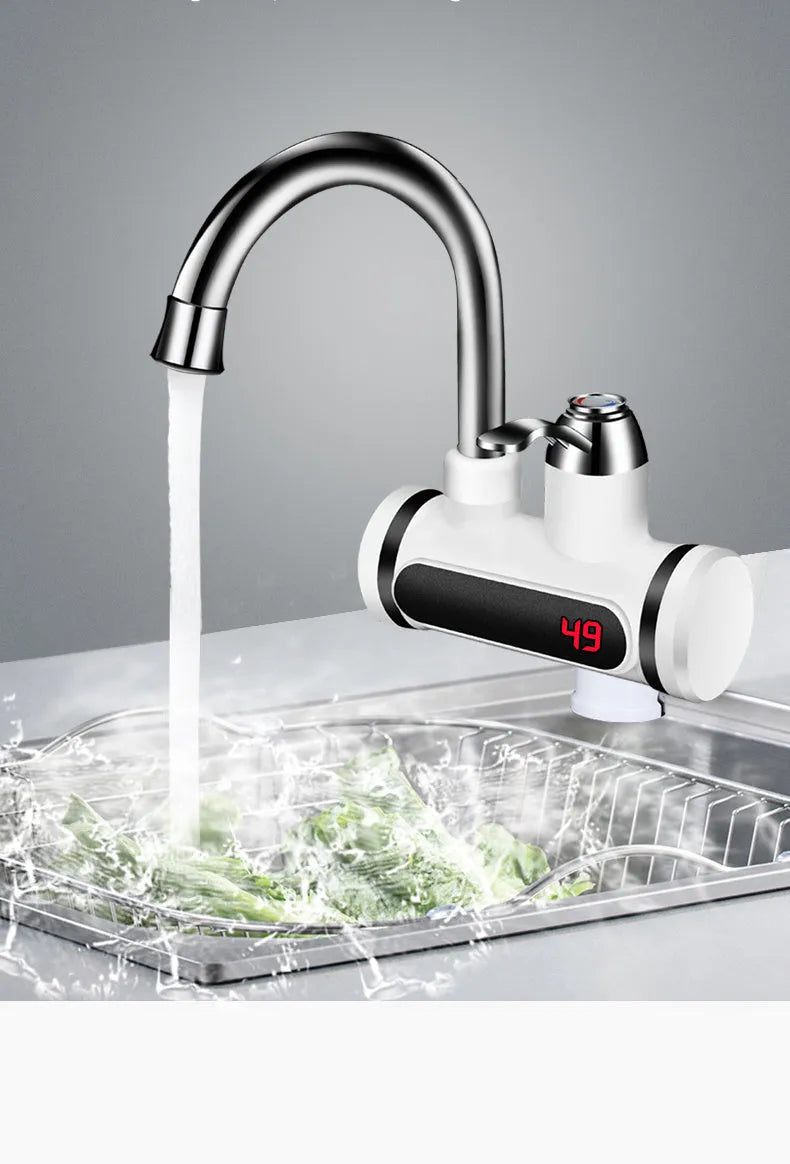 White kitchen electric instant water heater tap with digital temperature display.