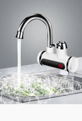 White kitchen electric instant water heater tap with digital temperature display.