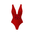 Red floral women's one-piece swimsuit with V-neck, open back, and detachable skirt