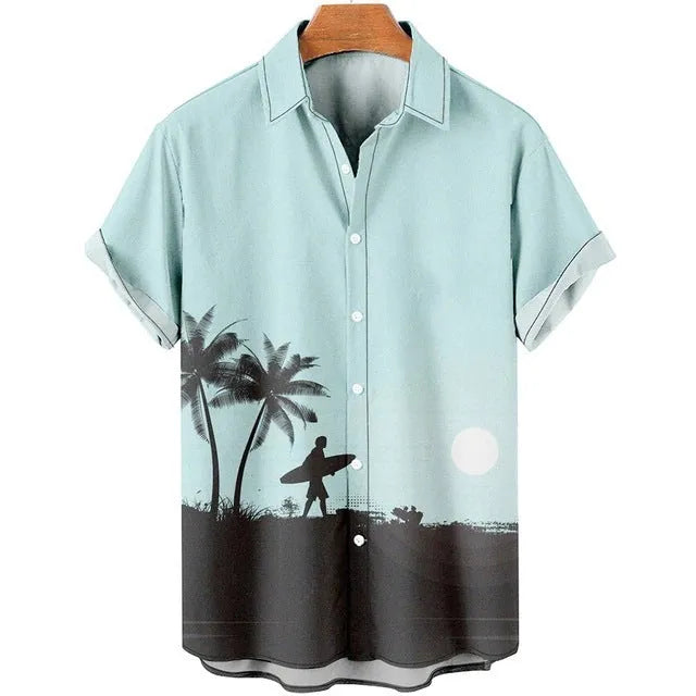Man wearing a slim fit short sleeve shirt with a colourful 3D floral beach print.