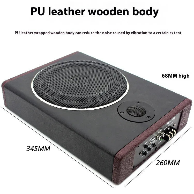 8-inch 12V 600W car audio subwoofer with ultra-thin wooden enclosure and PU leather finish