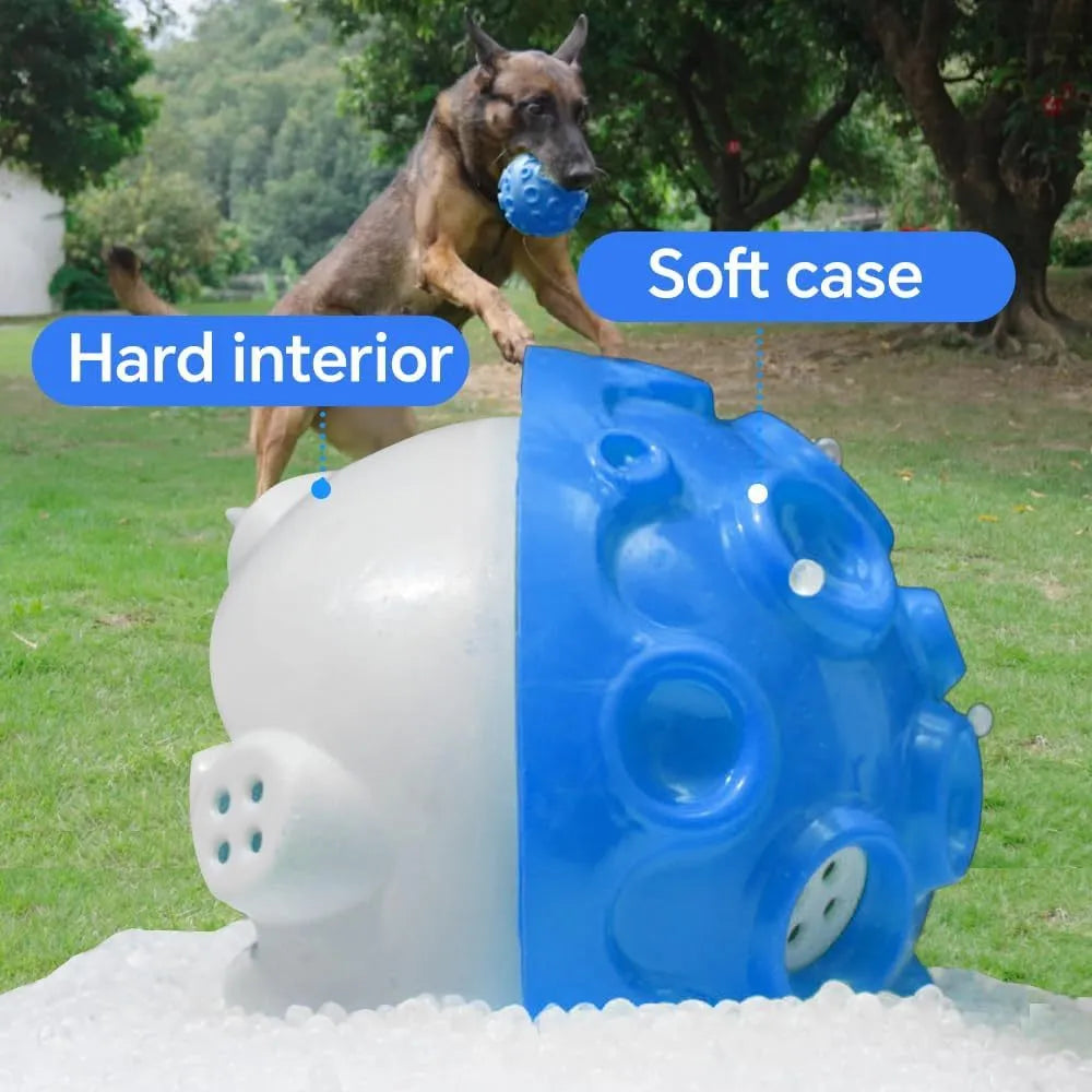 Durable natural rubber dog ball with meteorite-shaped bumps for aggressive chewers in multiple colour options