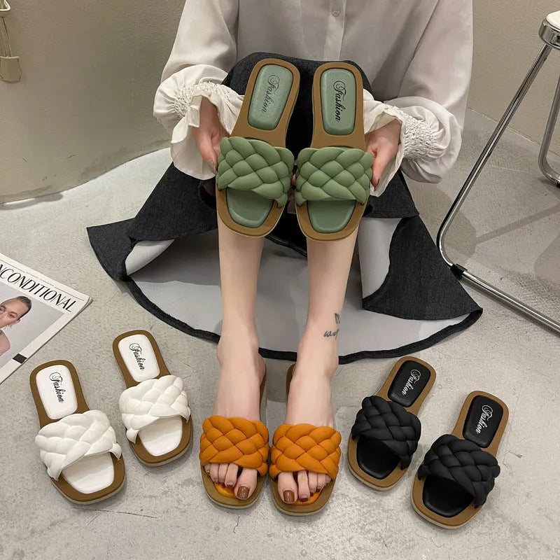 Women's plaid pattern PVC beach sandals with thick anti-skid sole in black, green, orange, or white