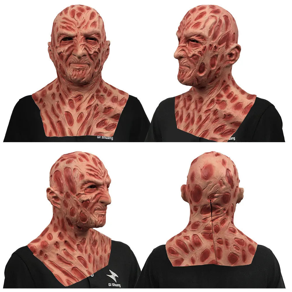 Skin colour latex horror grimace mask and gloves set with Freddy styling for Halloween