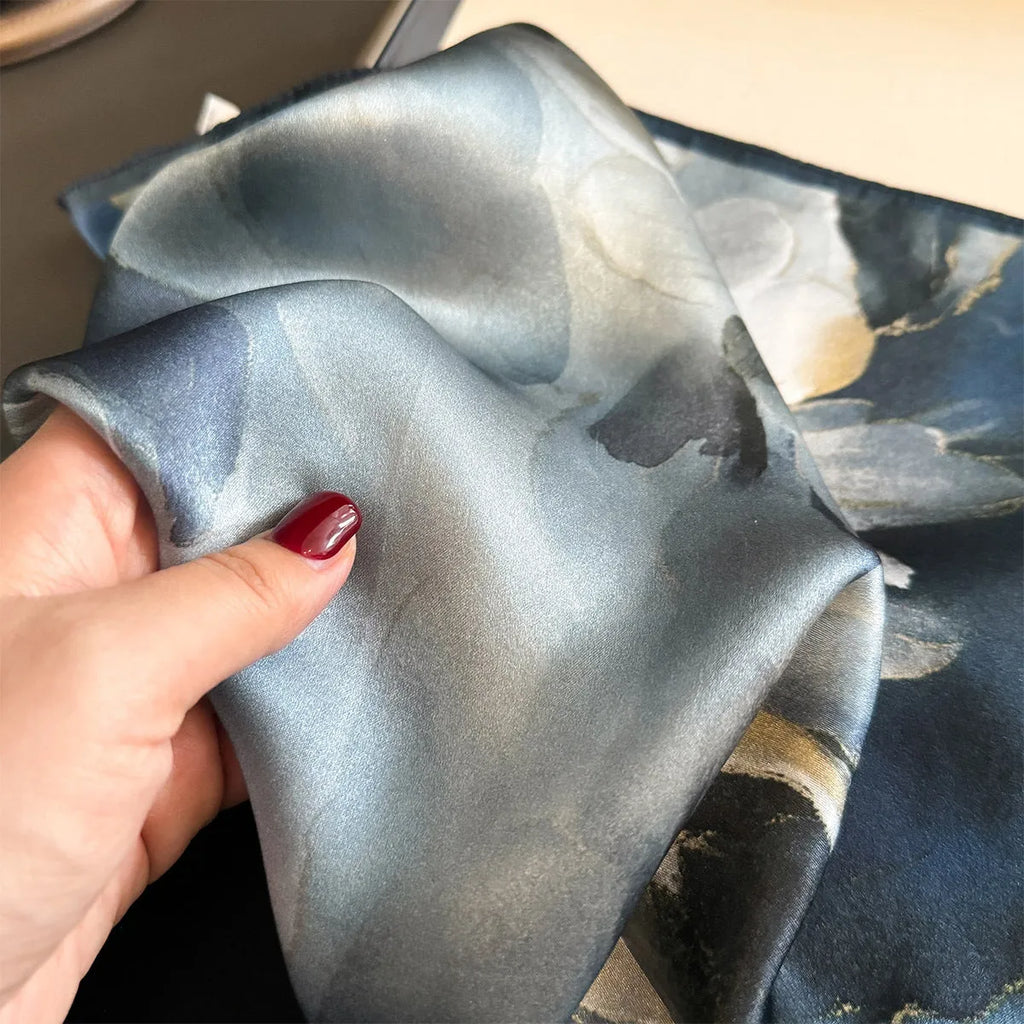 Blue mulberry silk square scarf with tie-dye pattern, 53x53cm, worn as neck wrap