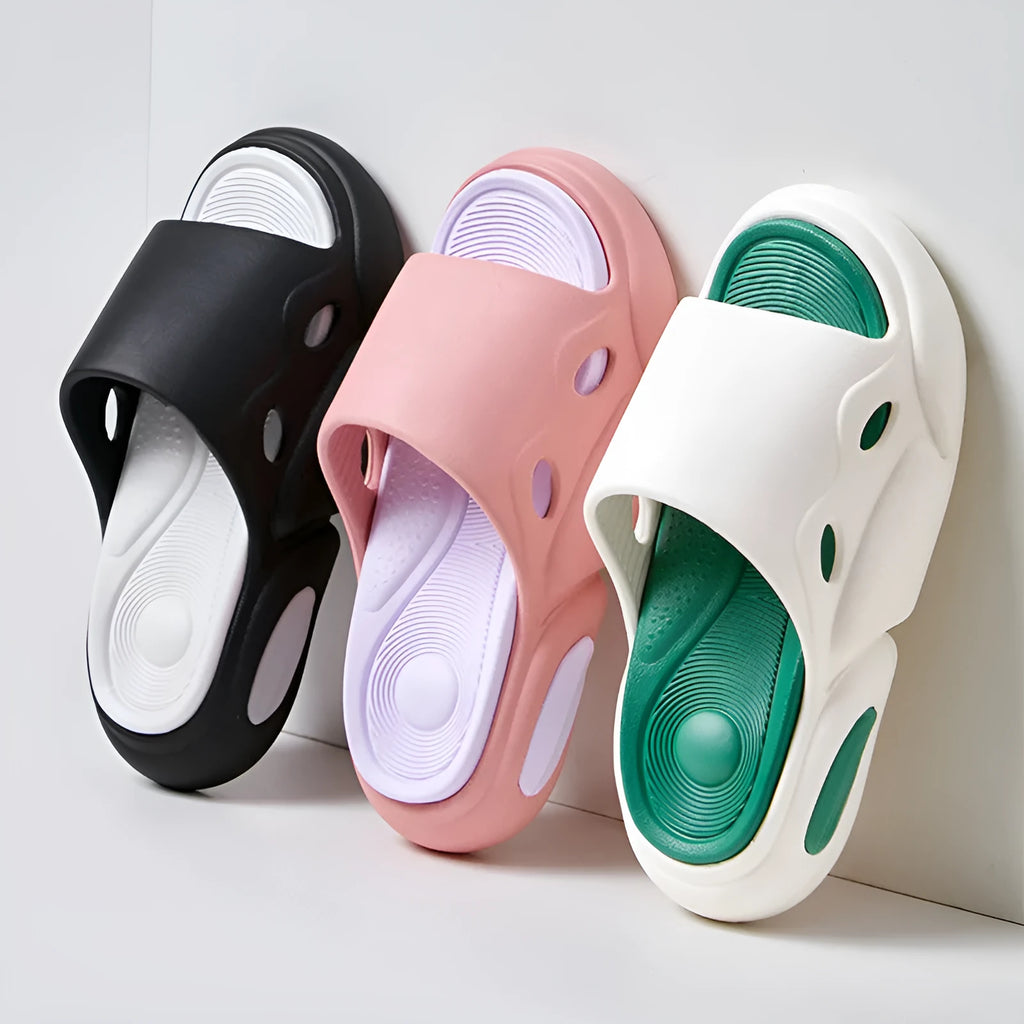 Two-colour thick-soled slippers for couples in pink purple, white green, and black white options