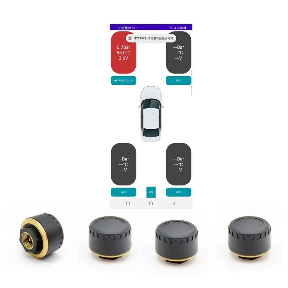 Black Bluetooth tyre pressure monitor sensor set with IP67 rating and app display capability for cars