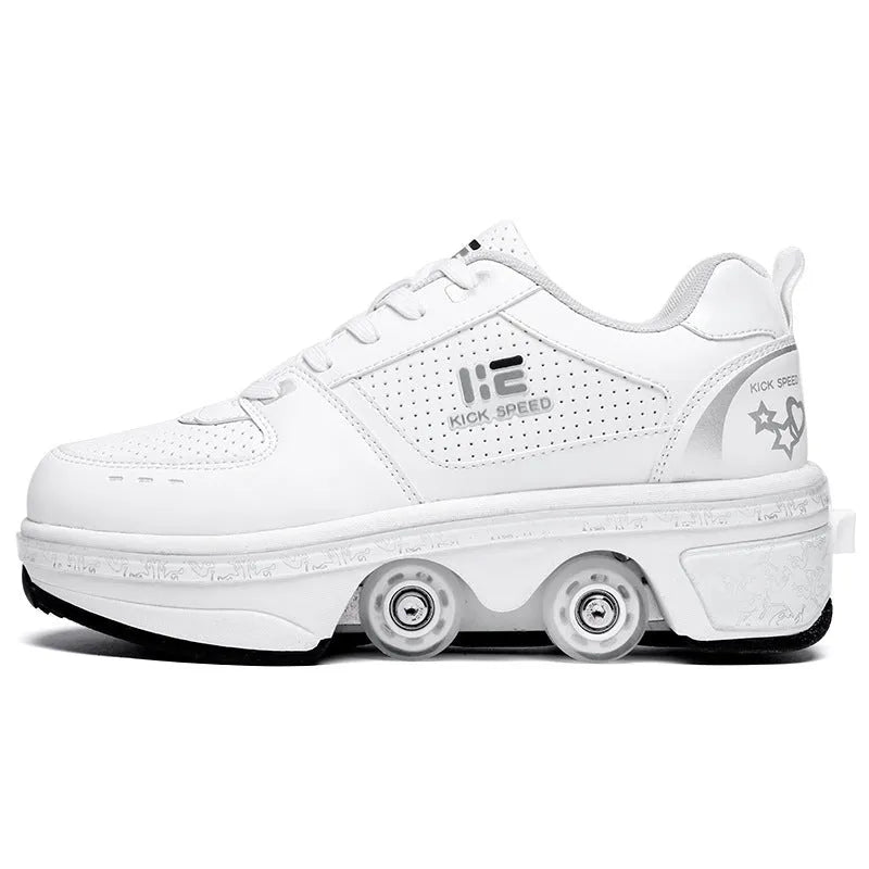 Dual-purpose convertible roller skates in silver with PU and microfiber upper