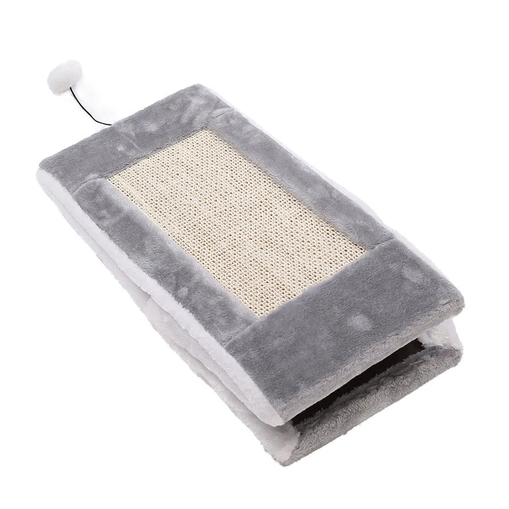 Triangular cat scratching bed with fur cover in gray white or light brown beige color options for pets