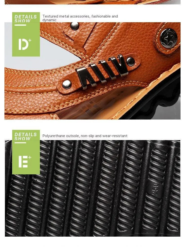 Men's first layer cowhide non-slip beach sandals with open toe in brown colour